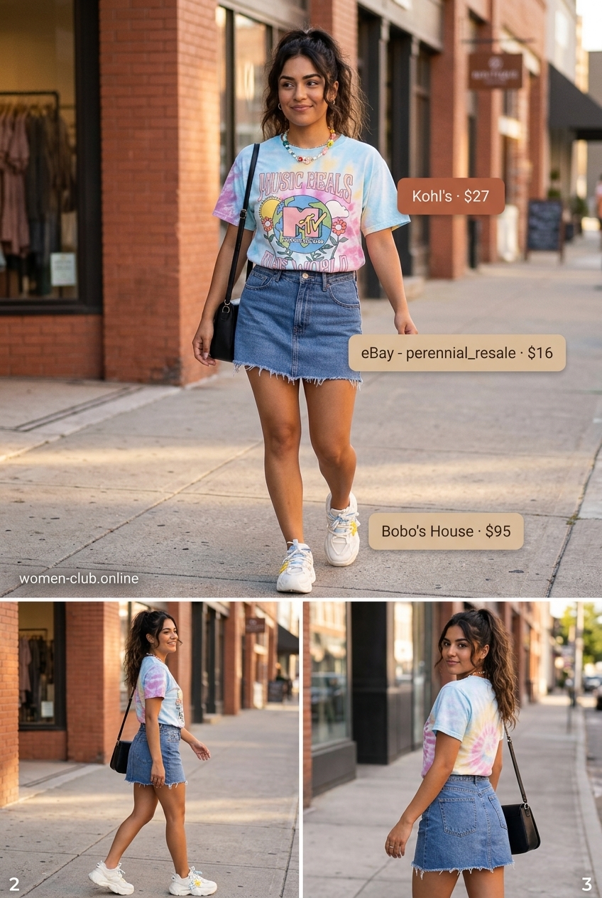 Summer Denim Skirt 2026: Retro graphic tee, distressed denim mini skirt, chunky sneakers for a festival.