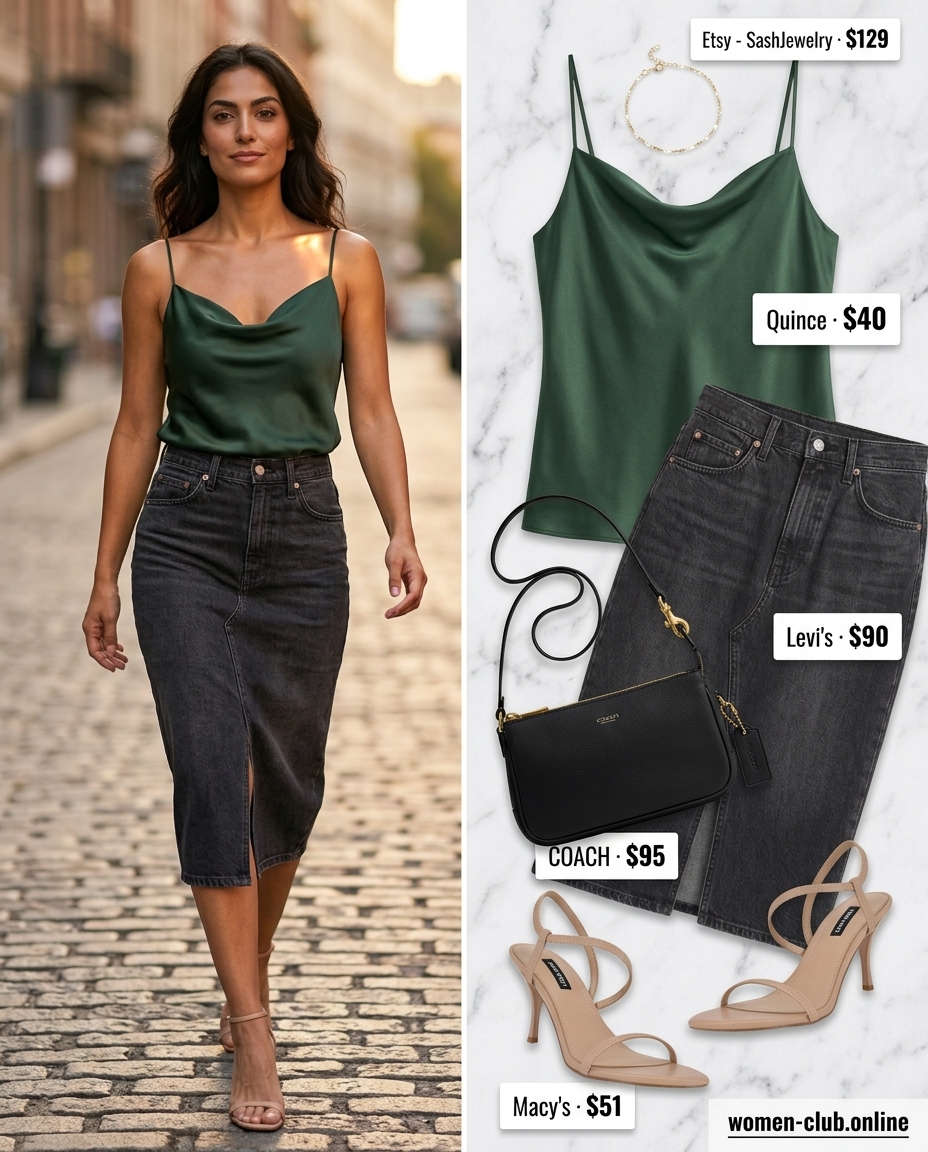 Summer Soiree outfit: Black denim midi skirt, satin camisole, heeled sandals, shoulder bag. Summer Denim skirt 2026.