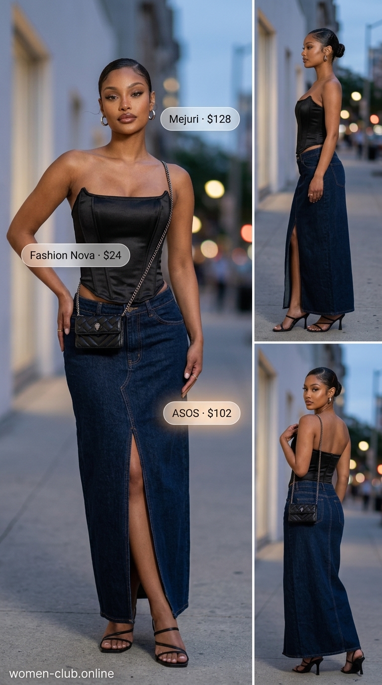 Summer Denim Skirt 2026: Maxi skirt with slit, black corset top, platform boots for urban edge.