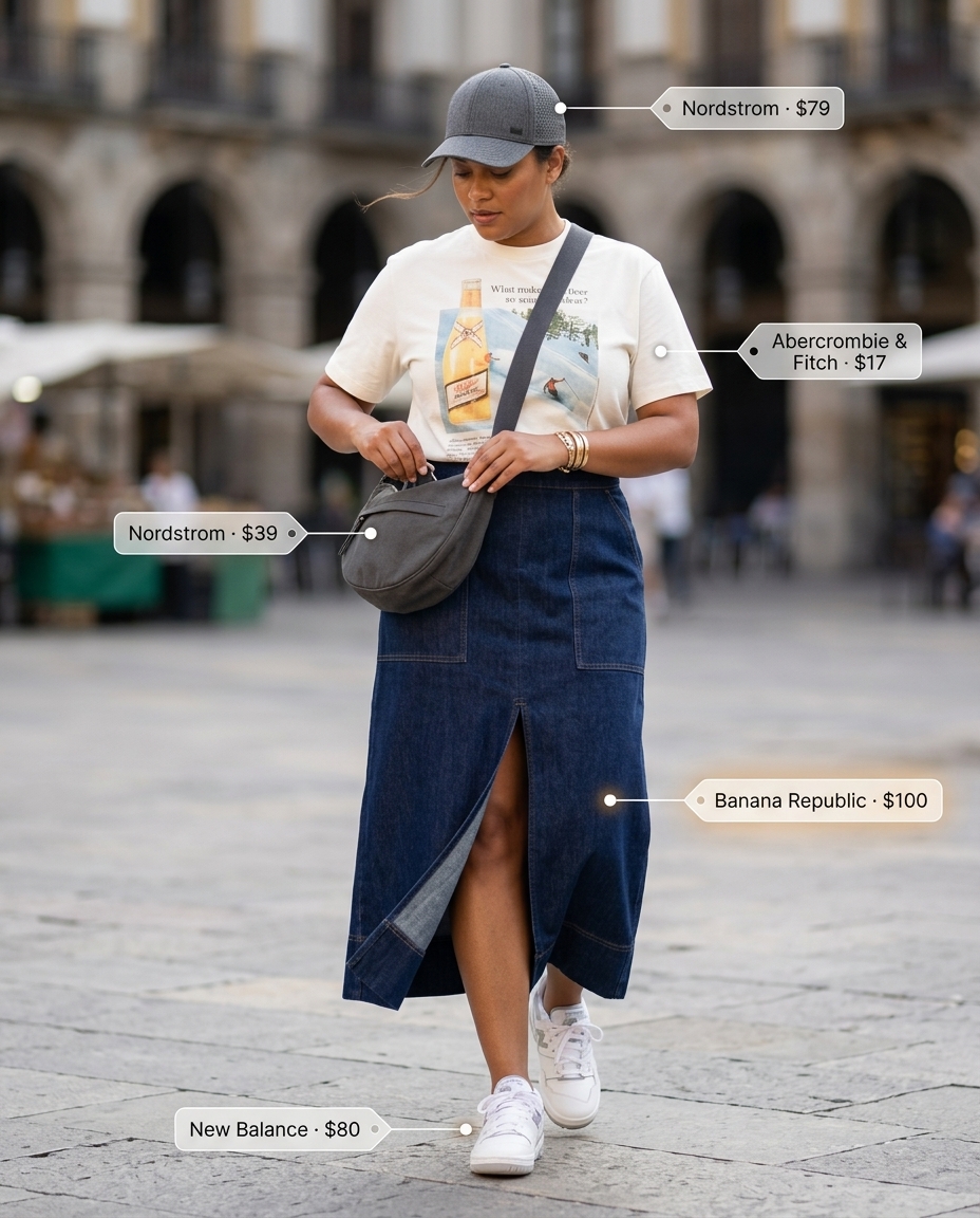 Weekend Explorer outfit: Dark wash denim midi skirt, graphic tee, baseball cap, sneakers. Summer Denim skirt 2026.