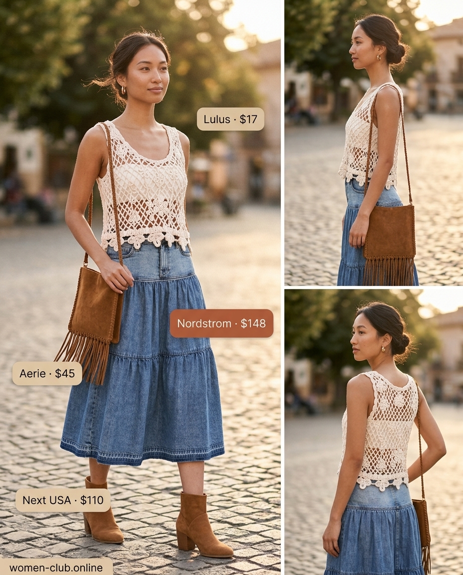 Boho summer denim skirt outfit with a crochet top, suede boots, and layered necklaces.