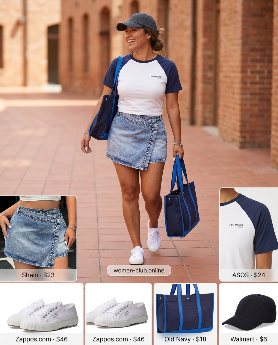 Casual cool outfit with a light wash denim skirt, white graphic tee, navy tote, and black baseball cap.
