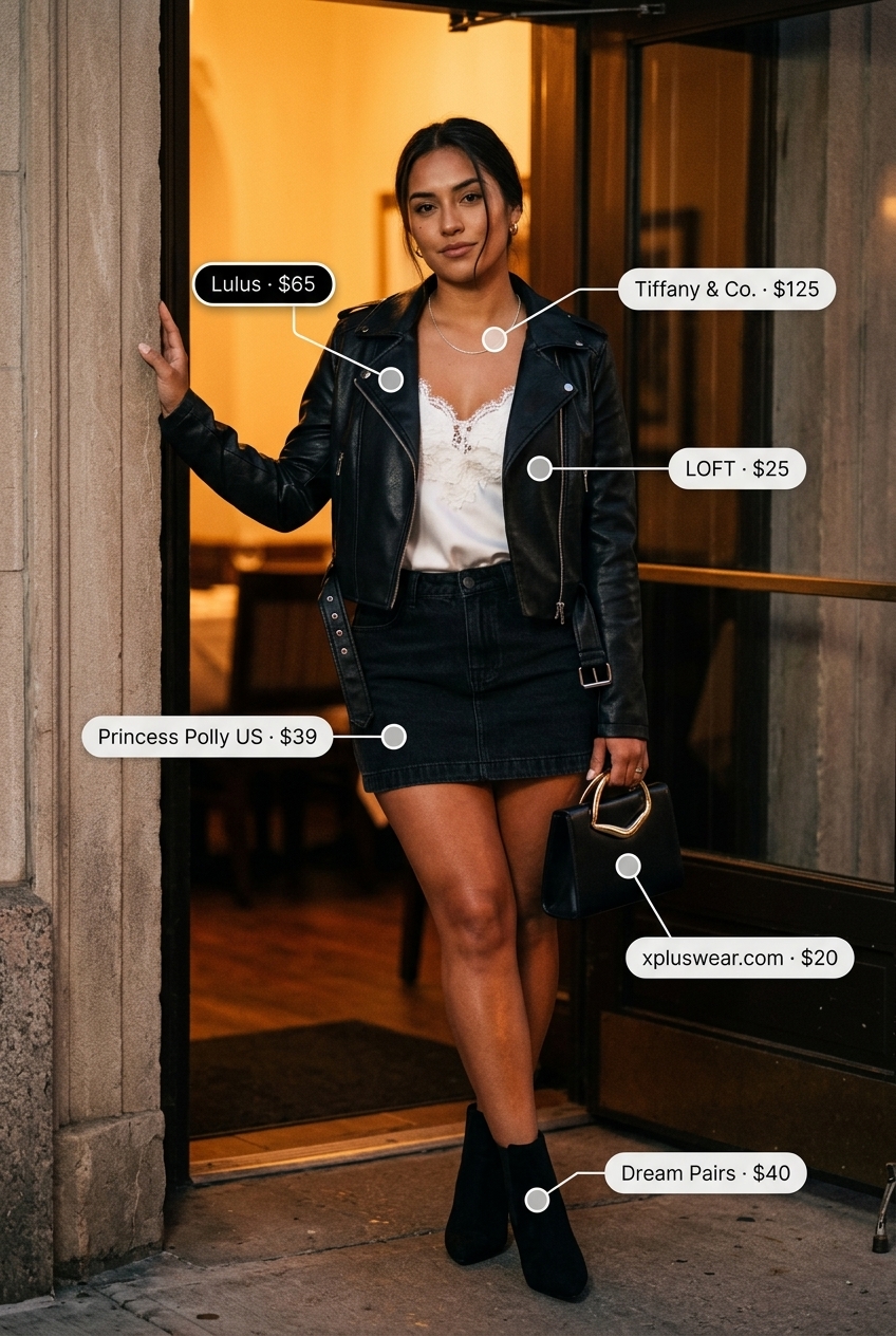 Edgy summer date night outfit with a black denim mini skirt, moto jacket, lace cami, and heeled boots.