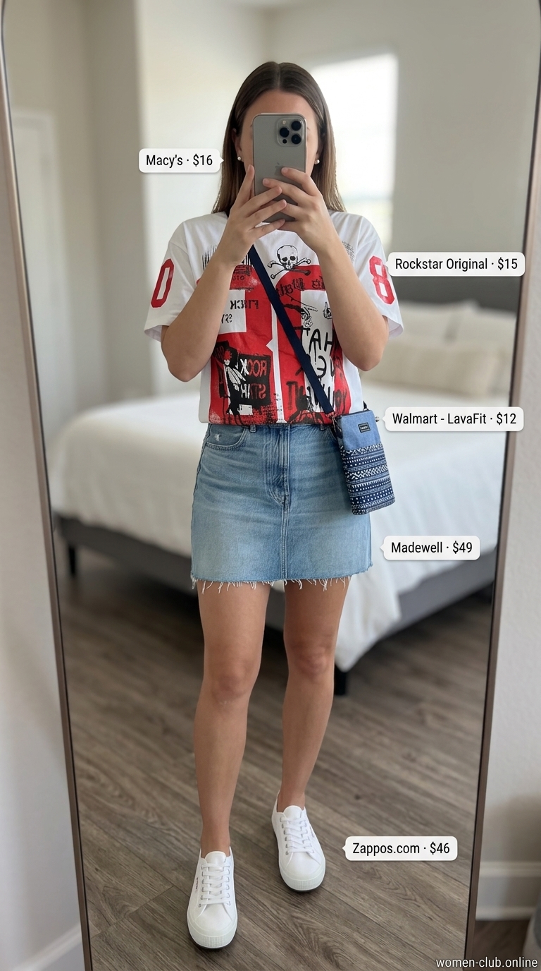 Playful summer denim skirt outfit with a graphic tee, canvas sneakers, and a red crossbody bag.