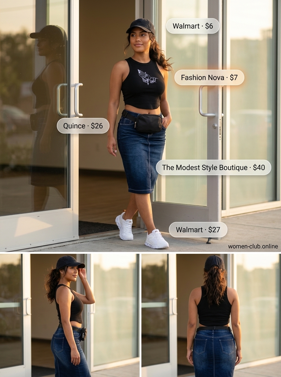 Sporty summer denim skirt outfit with black graphic tank, white sneakers, and black cap. Perfect for active days.