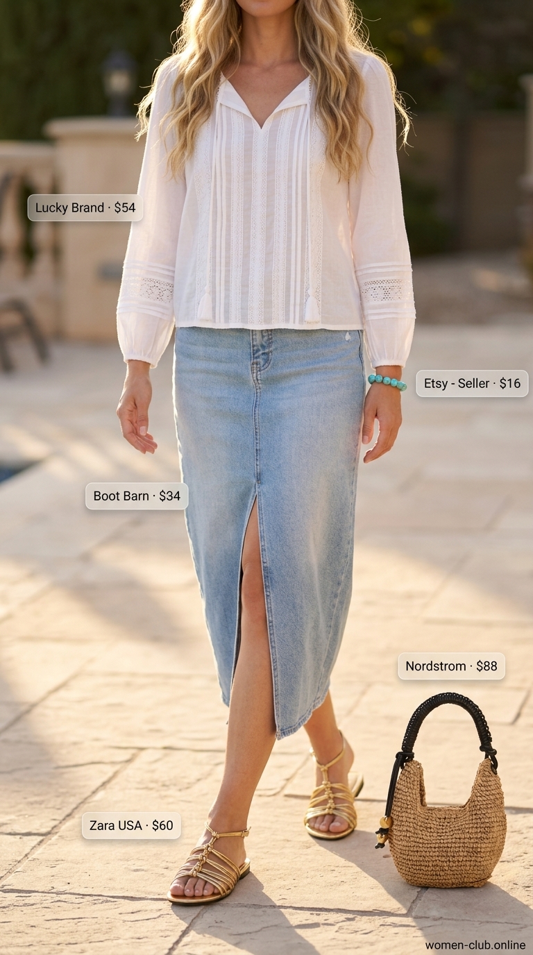 Elegant vacation outfit featuring a light wash denim midi skirt, white peasant blouse, and gold flat sandals.