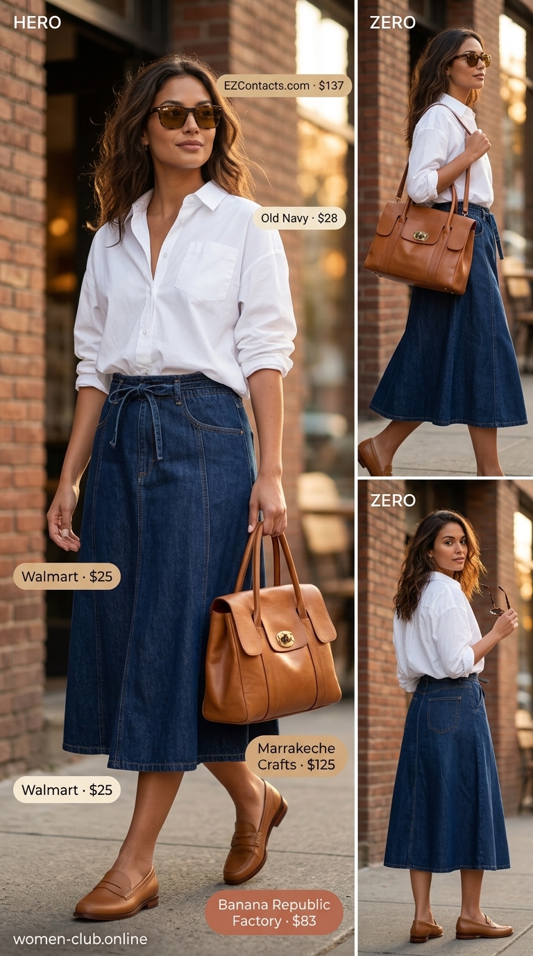 Weekend workwear look with a dark wash denim skirt, white button-down shirt, tan loafers, and a leather tote.