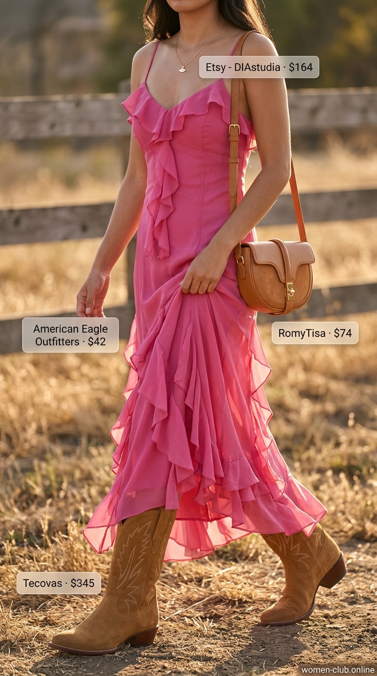 Maxi Dress Outfits 2026 Romantic blush pink maxi dress with tan cowboy boots for a summer festival. Boho-chic style.