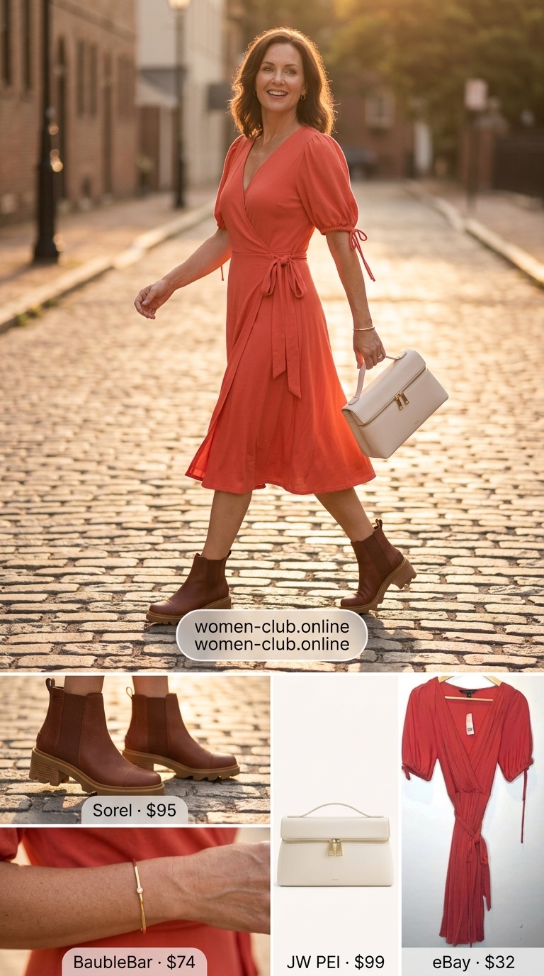 Wrap Dress Outfits 2026 Vibrant coral wrap dress with white boots for a summer party. Chic and sophisticated.