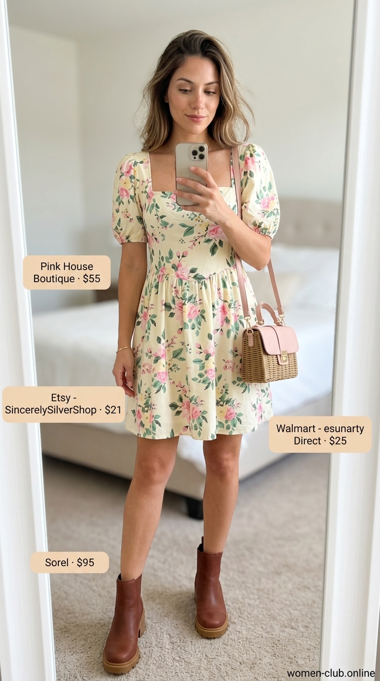 Picnic Sundress Outfits 2026 Feminine pastel floral midi sundress with white boots for a picnic. Sweet and whimsical.