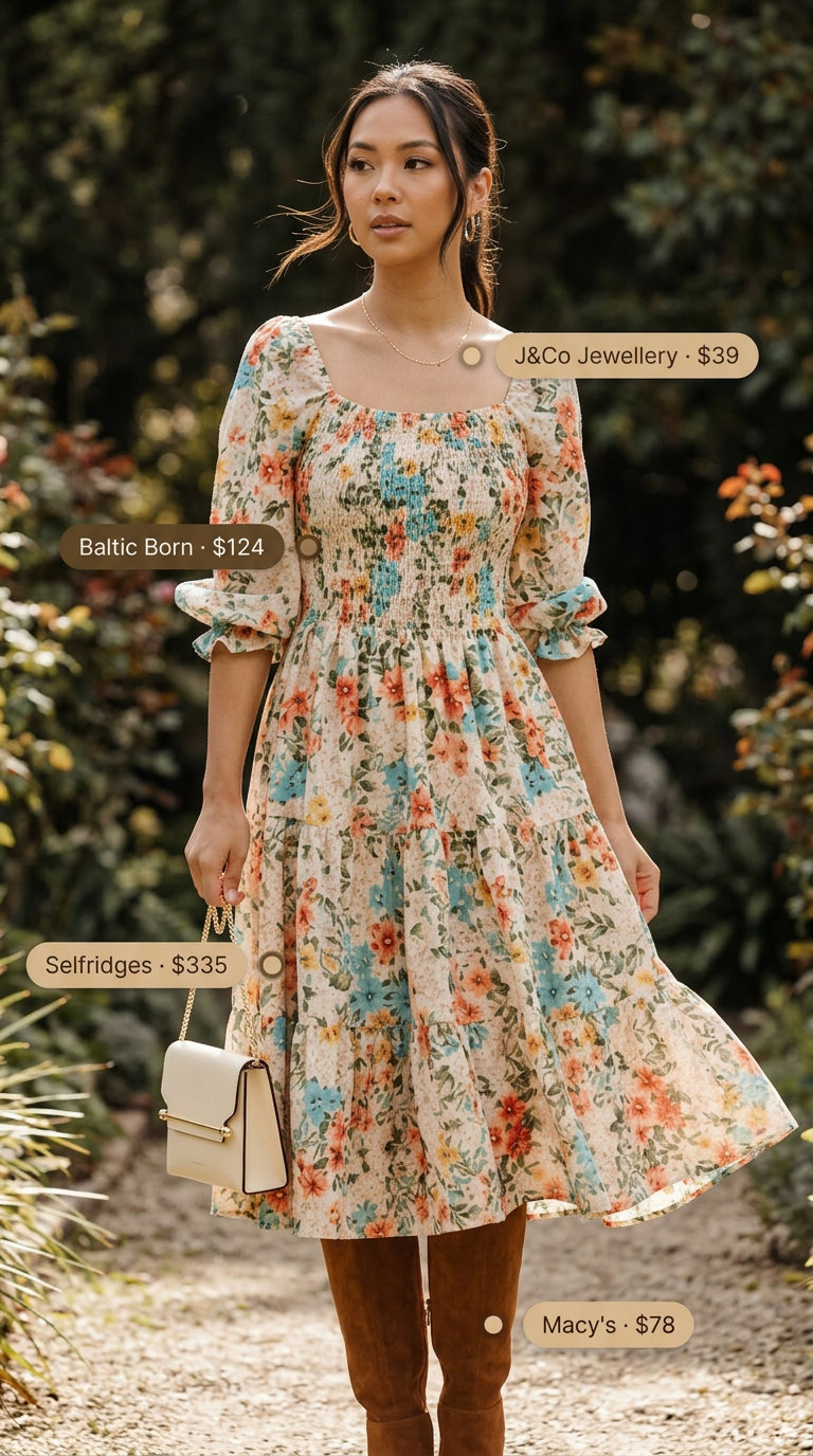 Summer Dress Outfits with Boots 2026: Garden Party Elegance Summer dress outfits with boots 2026: Romantic floral midi dress with suede knee-high boots for garden parties.