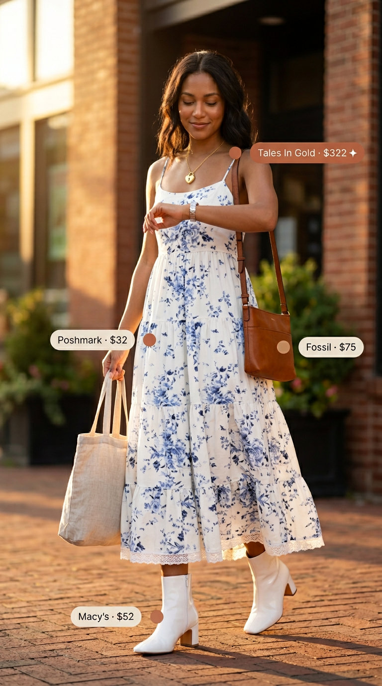 Summer Dress Outfits with Boots 2026: Modern Prairie Style Summer dress outfits with boots 2026: Tiered floral midi dress with white leather ankle boots and tan crossbody.