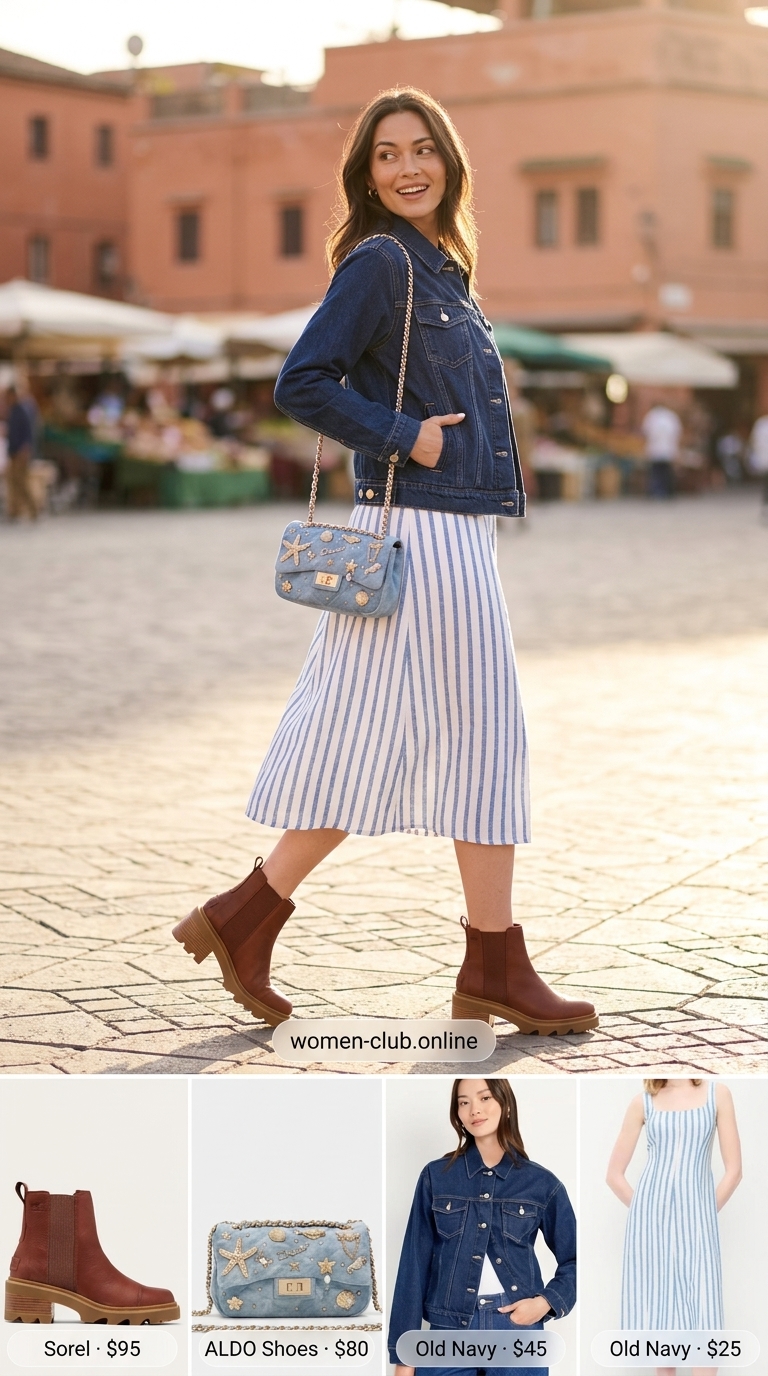 Brunch Dress Outfits 2026 Playful mustard yellow dress with denim jacket and boots for weekend brunch. Casual style.