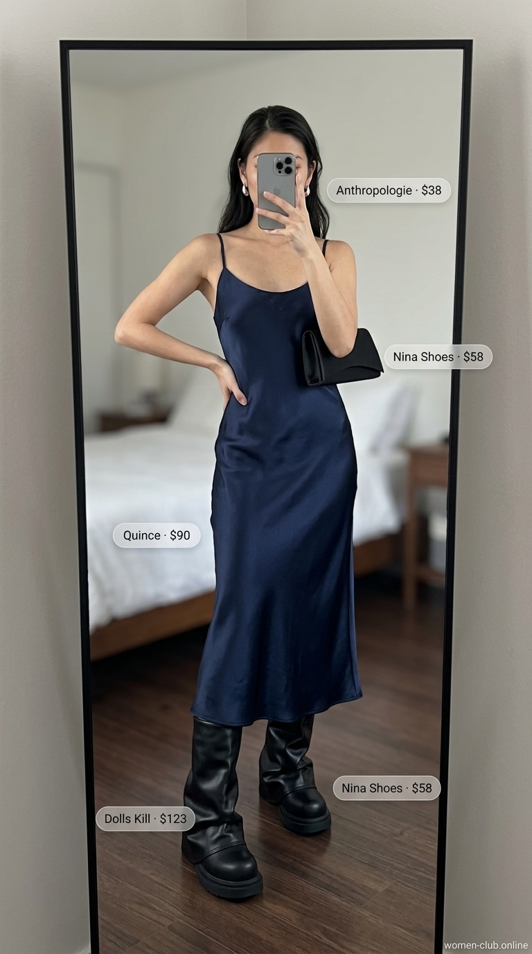 Evening Slip Dress Outfits 2026 Elegant navy slip dress with silver earrings and black boots for an evening event.