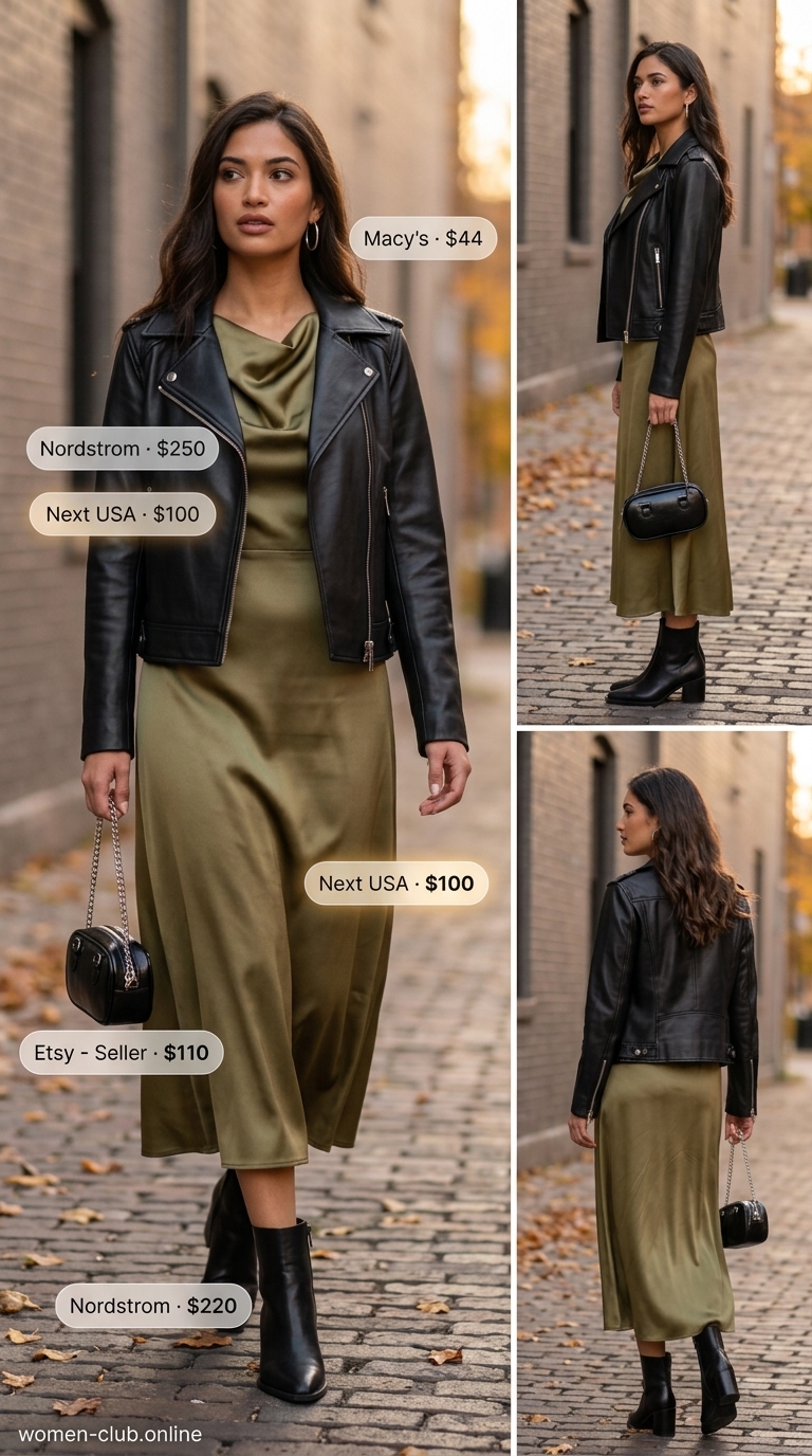 Slip Dress Outfits 2026 Edgy olive green slip dress with black boots and moto jacket for city exploration.