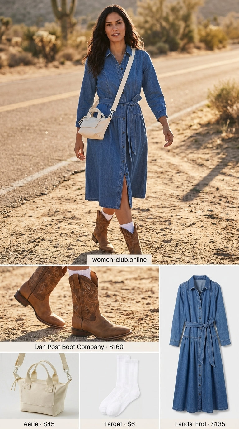 Summer Dress Outfits with Boots 2026: Road Trip Ready Summer dress outfits with boots 2026: Denim midi dress with cowboy boots and canvas crossbody for road trips.