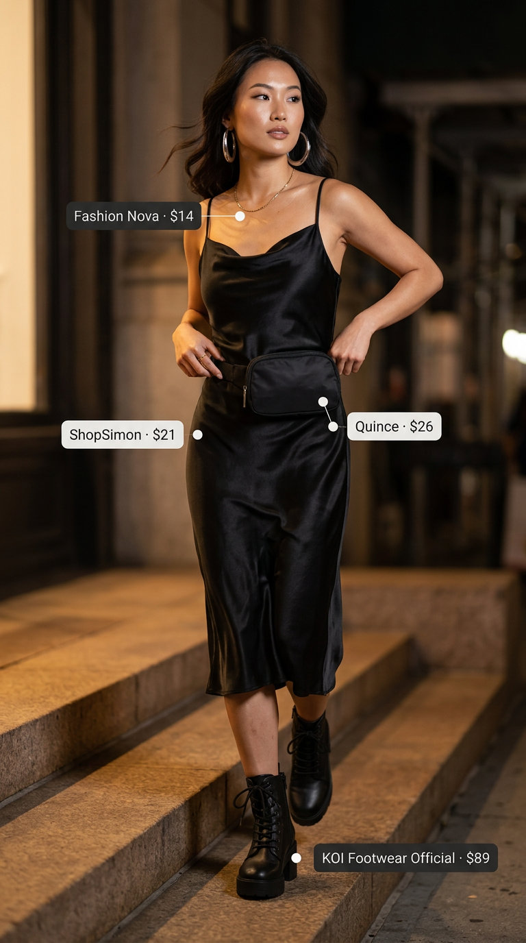 Summer Dress Outfits with Boots 2026: Edgy Urban Explorer Summer dress outfits with boots 2026: Black satin slip dress with chunky combat boots and nylon belt bag.