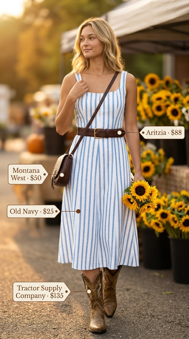 Summer Dress Outfits with Boots 2026: Western Vibe Summer dress outfits with boots 2026: Casual denim dress with tan cowboy boots and western belt for brunch.