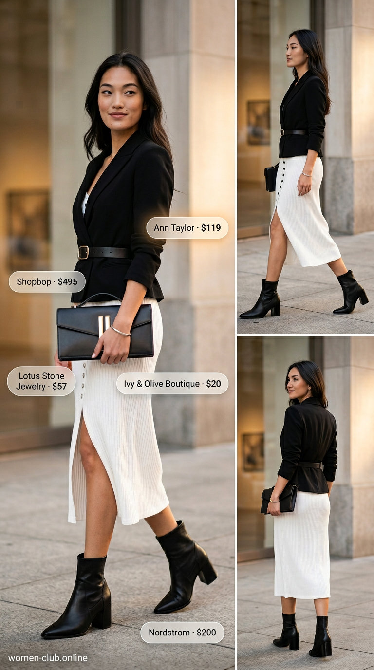 Minimalist Dress Outfits 2026 Chic white knit dress with black boots and blazer for an art gallery. Sophisticated style.