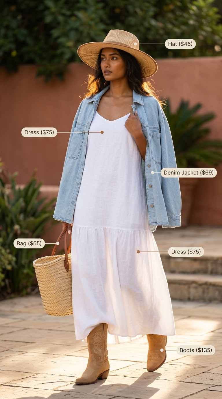 Boho Maxi Dress Outfits with Boots 2026 Bohemian white linen maxi dress with denim jacket, straw hat & cowboy boots for summer dress outfits with boots 2026.