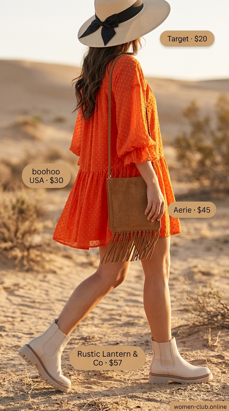 Bold Mini Dress Outfits with Boots 2026 Bold orange gauze mini dress with fringe bag, straw hat & chunky ankle boots for summer dress outfits with boots 2026.