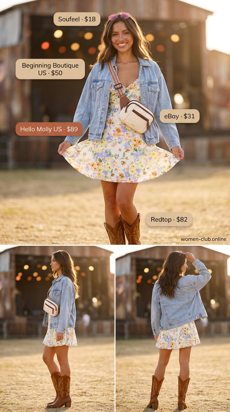 Festival Mini Dress Outfits with Boots 2026 Playful floral mini dress with denim jacket, cowboy boots & round sunglasses for summer dress outfits with boots 2026.