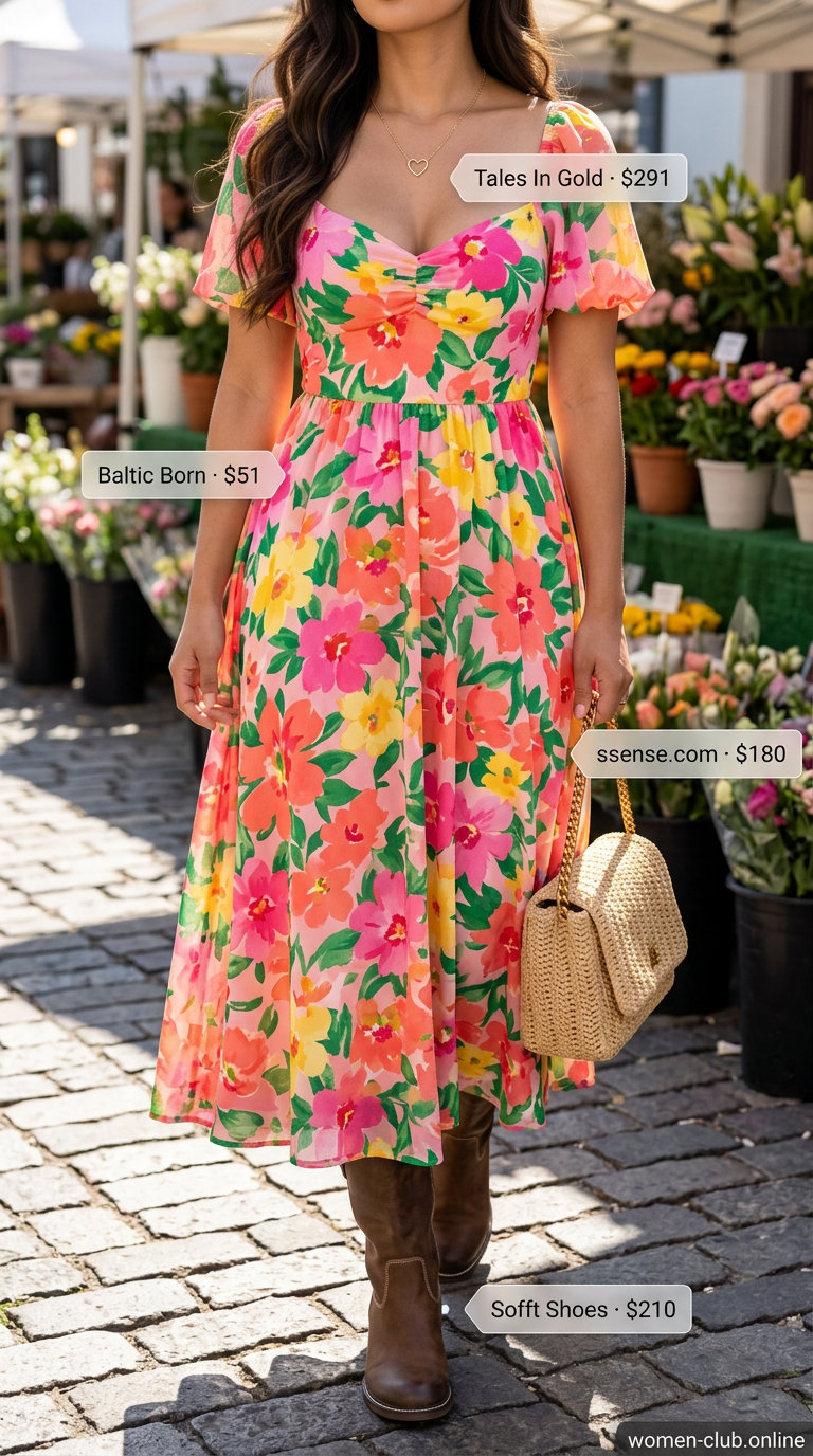 Prairie Dress Outfits with Boots 2026 Sweet prairie midi dress with puff sleeves, mid-calf boots & woven crossbody bag for summer dress outfits with boots 2026.