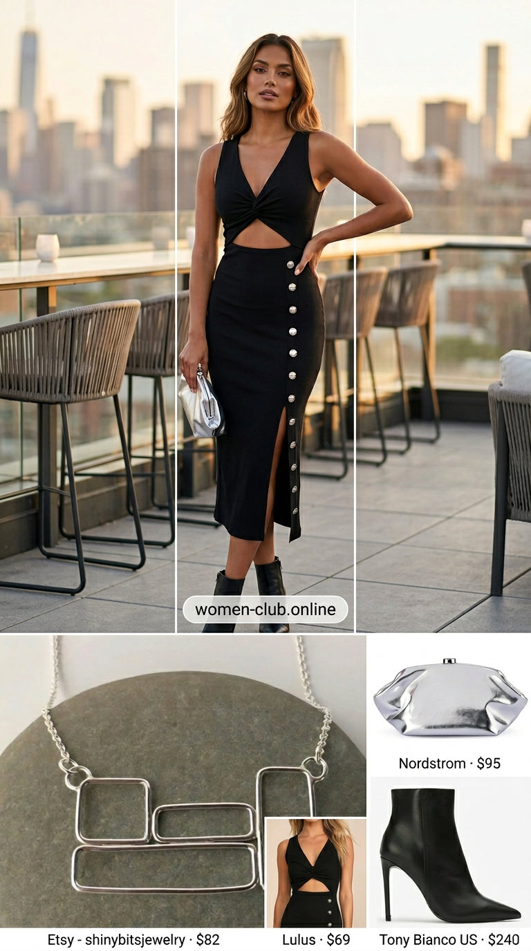 Glamorous Midi Dress Outfits with Boots 2026 Glamorous black cut-out midi dress with stiletto boots, clutch & statement necklace for summer dress outfits with boots 2026.