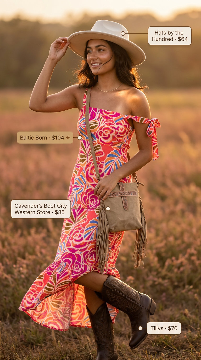 Boho Maxi Dress Outfits with Boots 2026 Boho floral maxi dress with cowboy boots, suede fringe bag & felt hat for summer dress outfits with boots 2026.