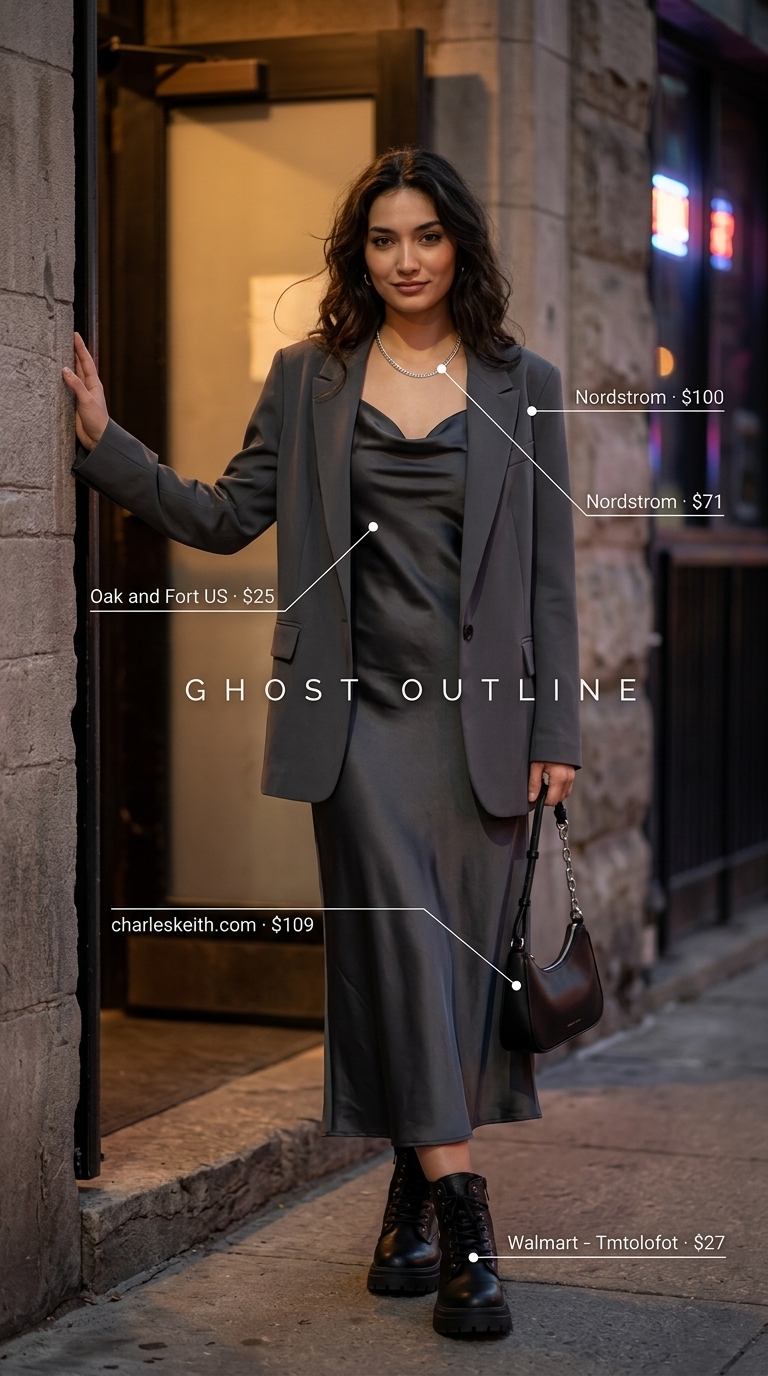 Edgy Slip Dress Outfits with Boots 2026 Edgy black slip dress with combat boots, oversized blazer & chain bag for summer dress outfits with boots 2026.