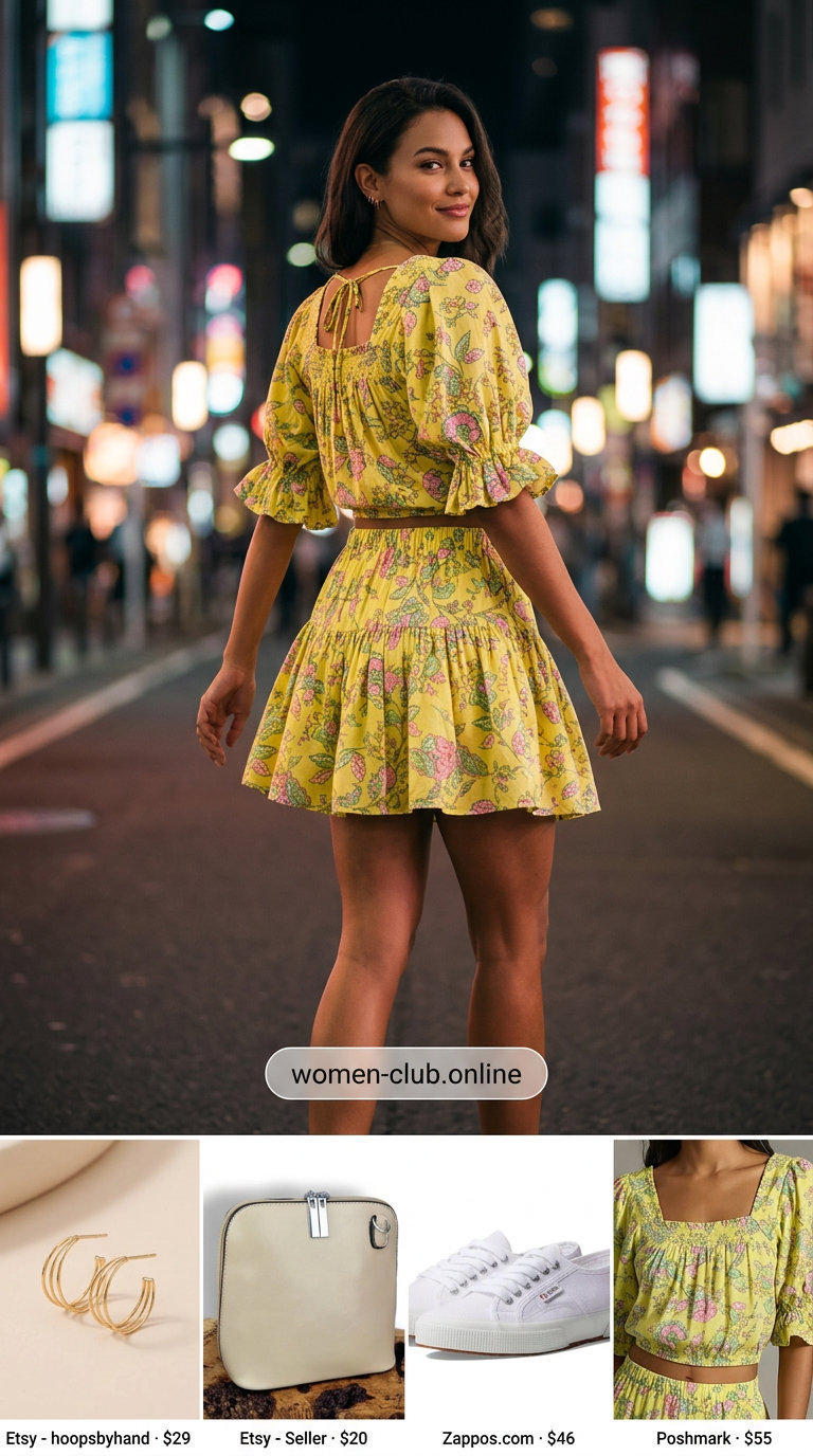 Floral print crop top and shorts set for charming summer garden tea party outfits for women 2026.