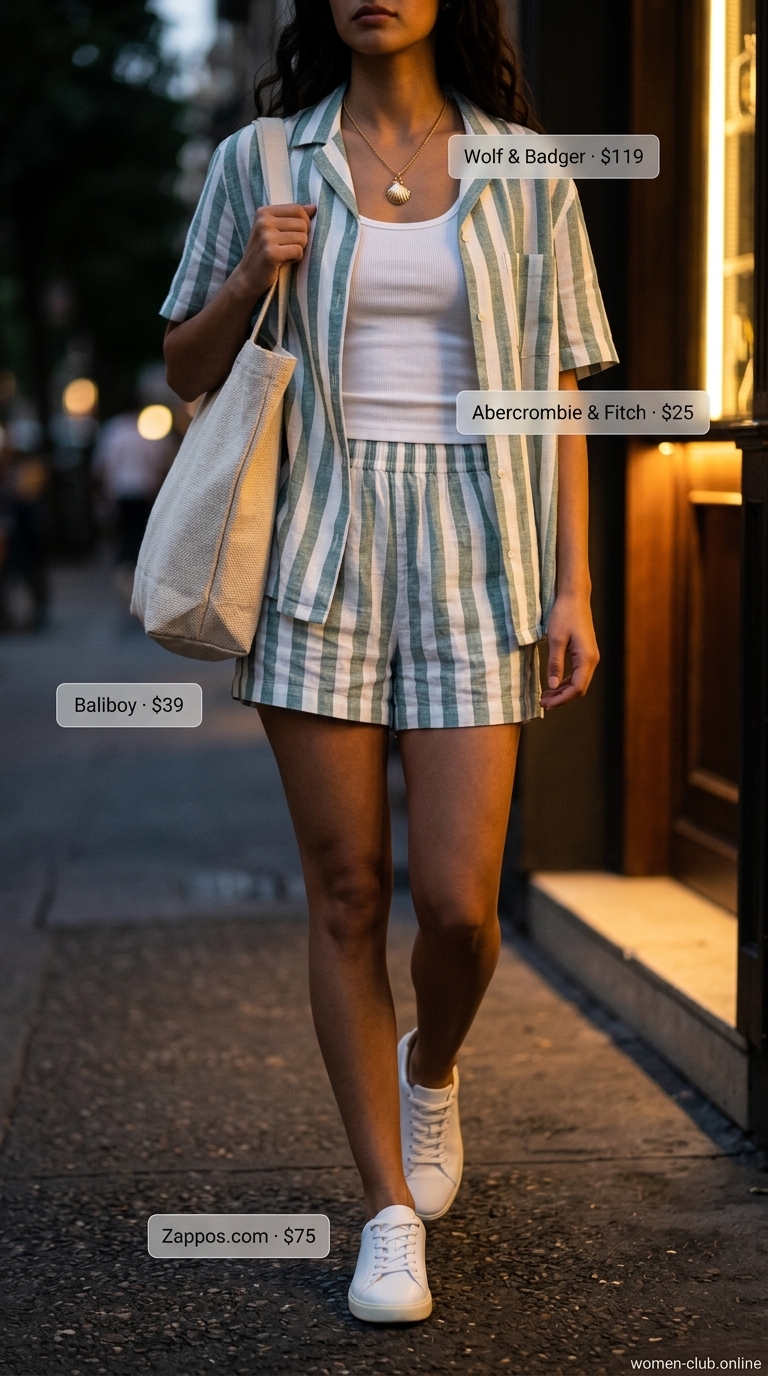 Seafoam green linen matching set for summer garden tea party outfits for women 2026. Coastal vibe with white tank and sneakers.