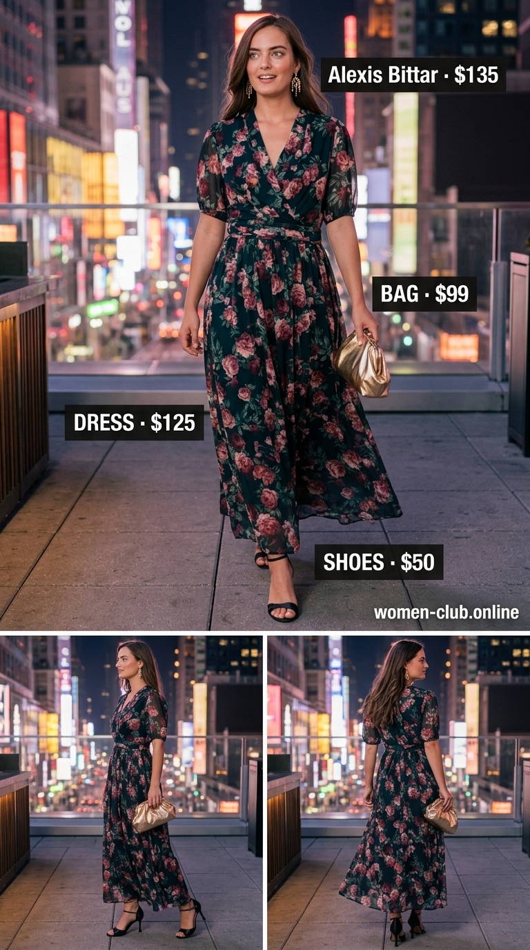 Deep floral print maxi dress for elegant evening summer garden tea party outfits for women 2026. Glamorous and sophisticated.