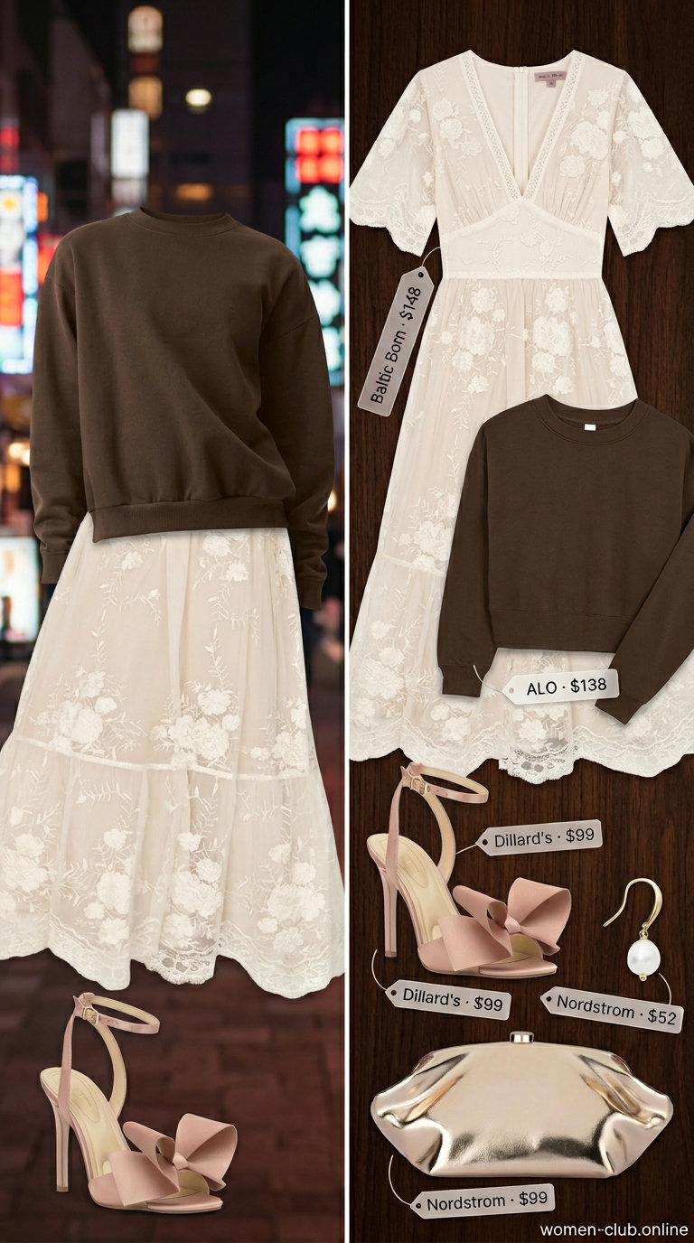 Ivory lace midi dress with blush pink sandals for summer garden tea party outfits for women 2026.