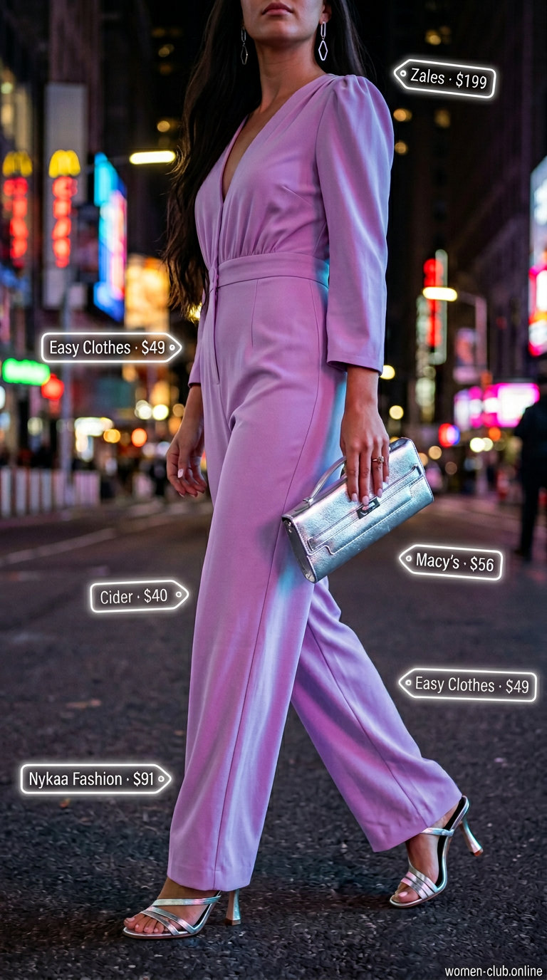 Lavender wide-leg jumpsuit for chic summer garden tea party outfits for women 2026. Elegant evening look with silver accessories.