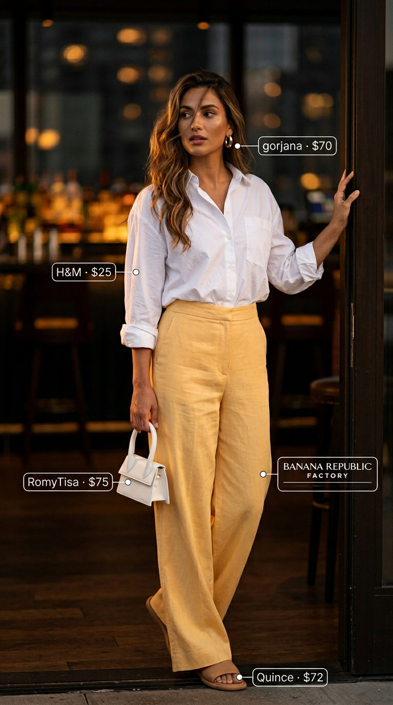 Lemon yellow linen pants and white shirt for summer garden tea party outfits for women 2026.