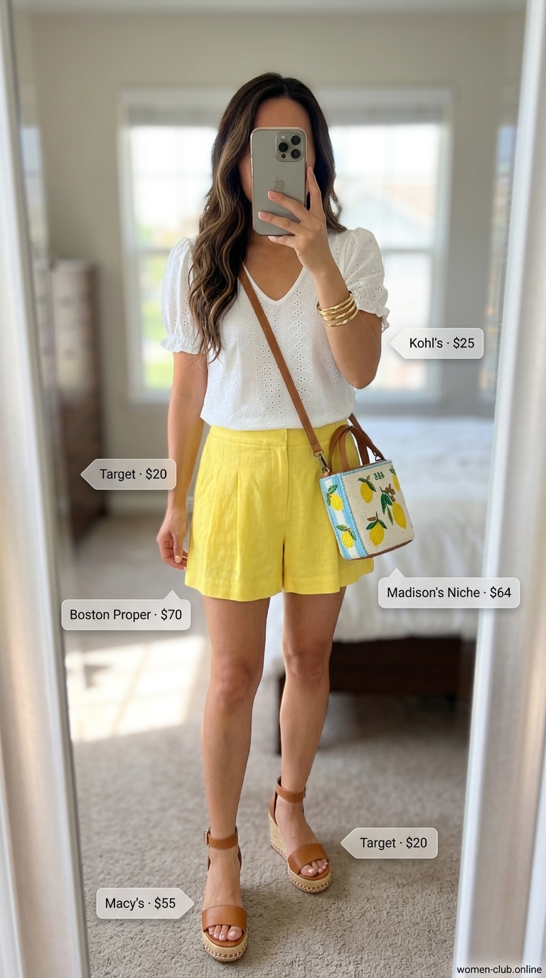 Lemon yellow linen shorts with white eyelet blouse for summer garden tea party outfits for women 2026.