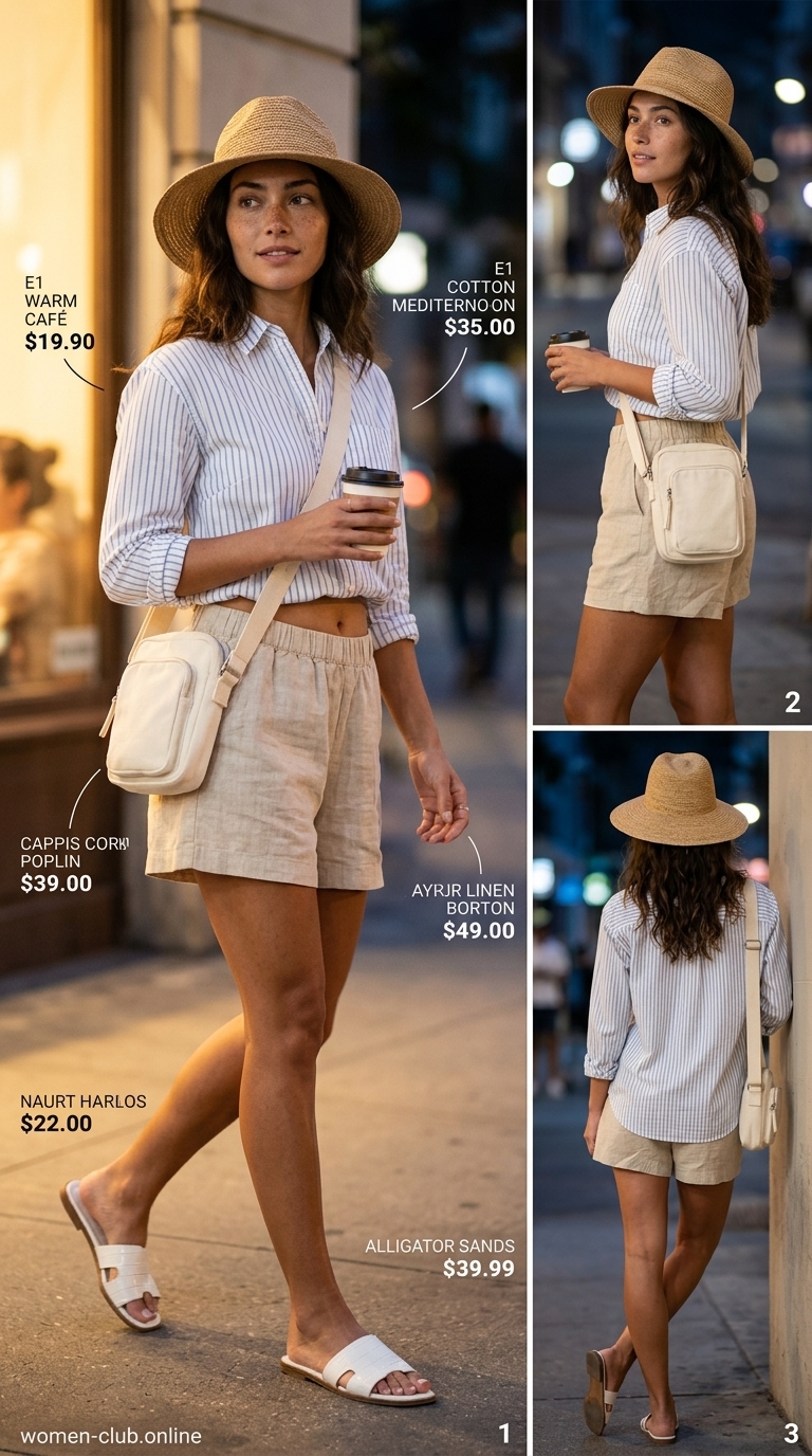 Natural beige linen shorts and oversized shirt for casual summer garden tea party outfits for women 2026. Relaxed beachside style.
