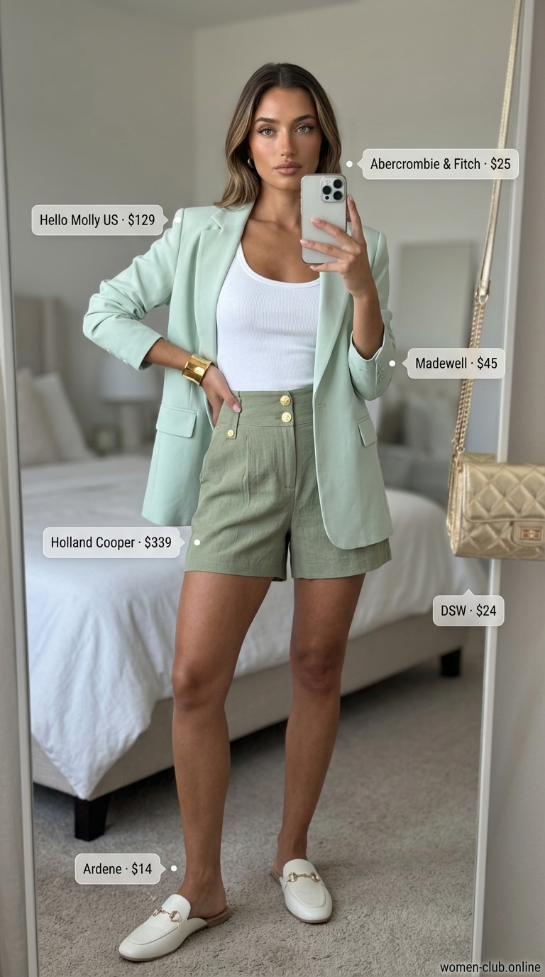 Mint green linen blazer and shorts set for modern summer garden tea party outfits for women 2026. Chic and polished.