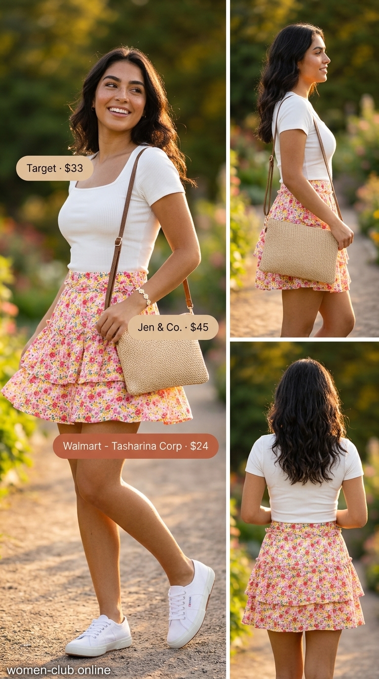 Floral mini skirt with white knit top for playful summer garden tea party outfits for women 2026.
