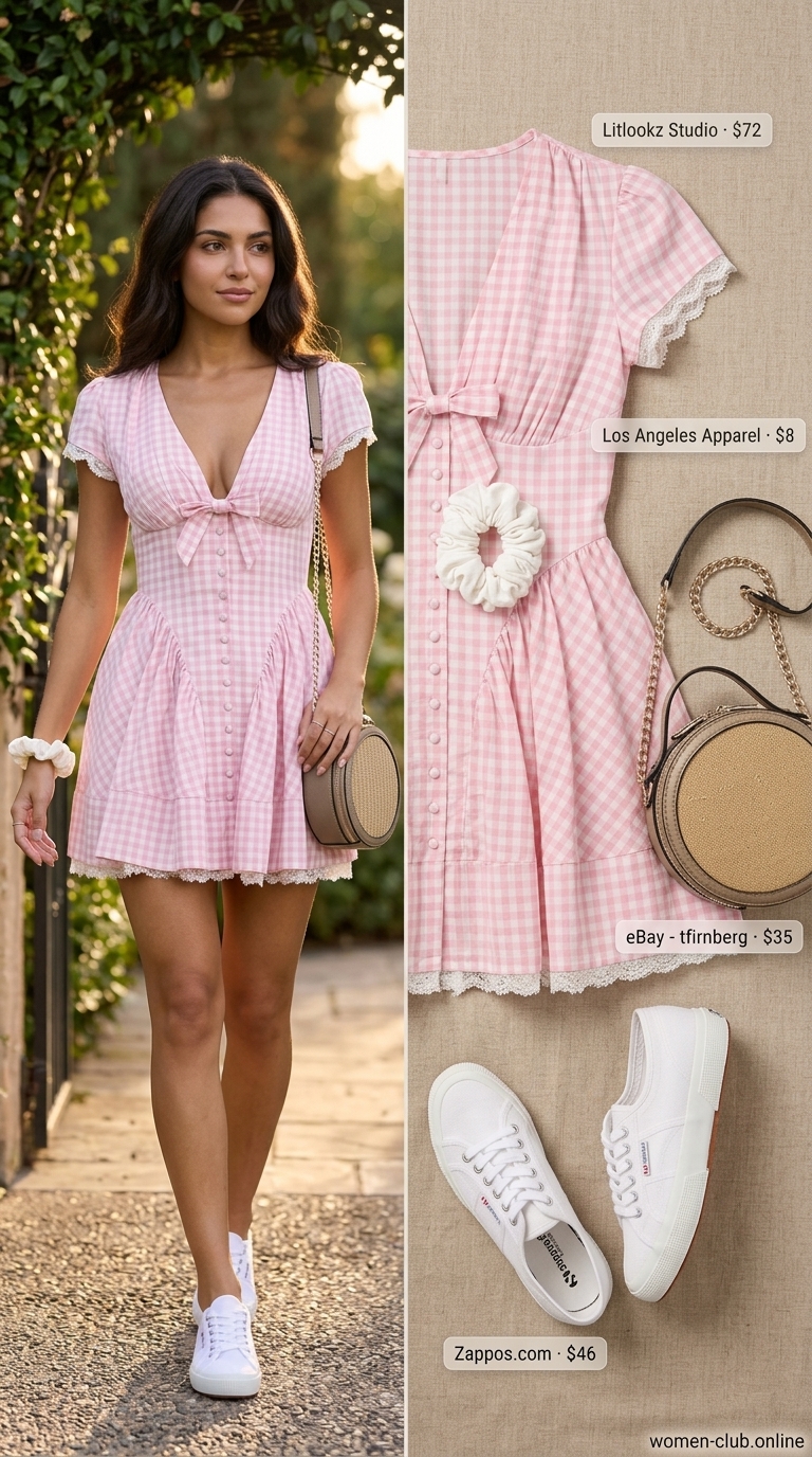 Pink gingham mini sundress with white sneakers for summer garden tea party outfits for women 2026.