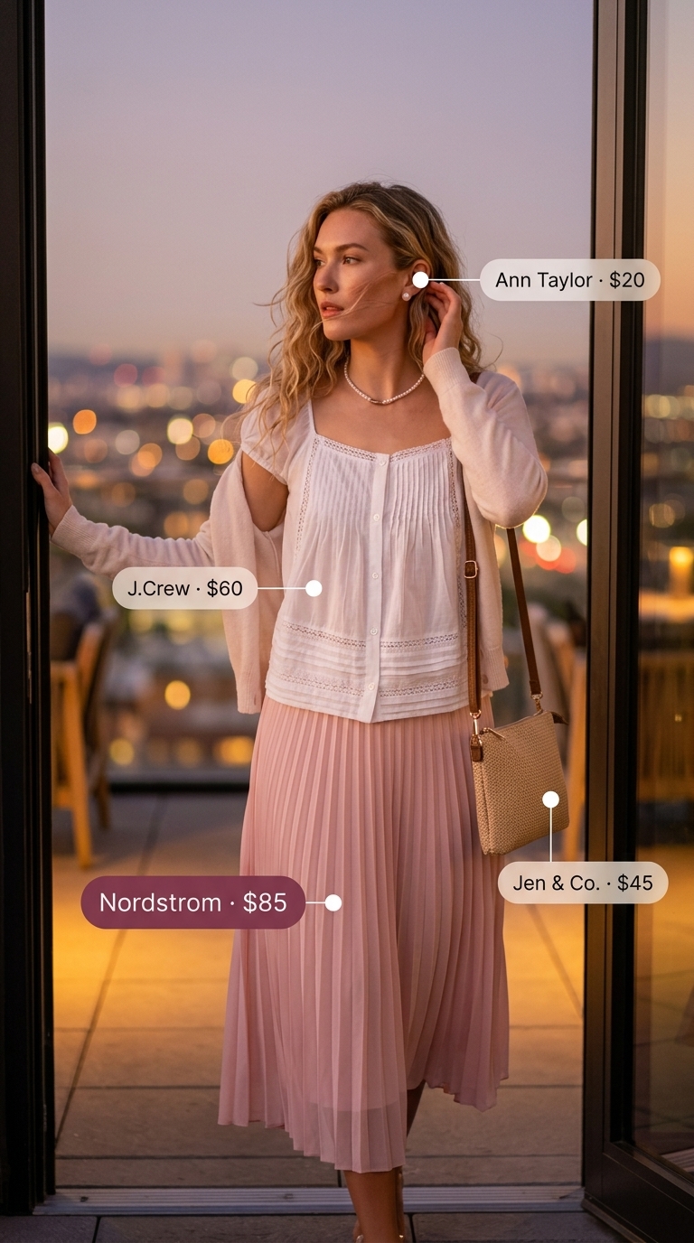 Blush pink A-line midi skirt for romantic summer garden tea party outfits for women 2026. Feminine look with eyelet top.