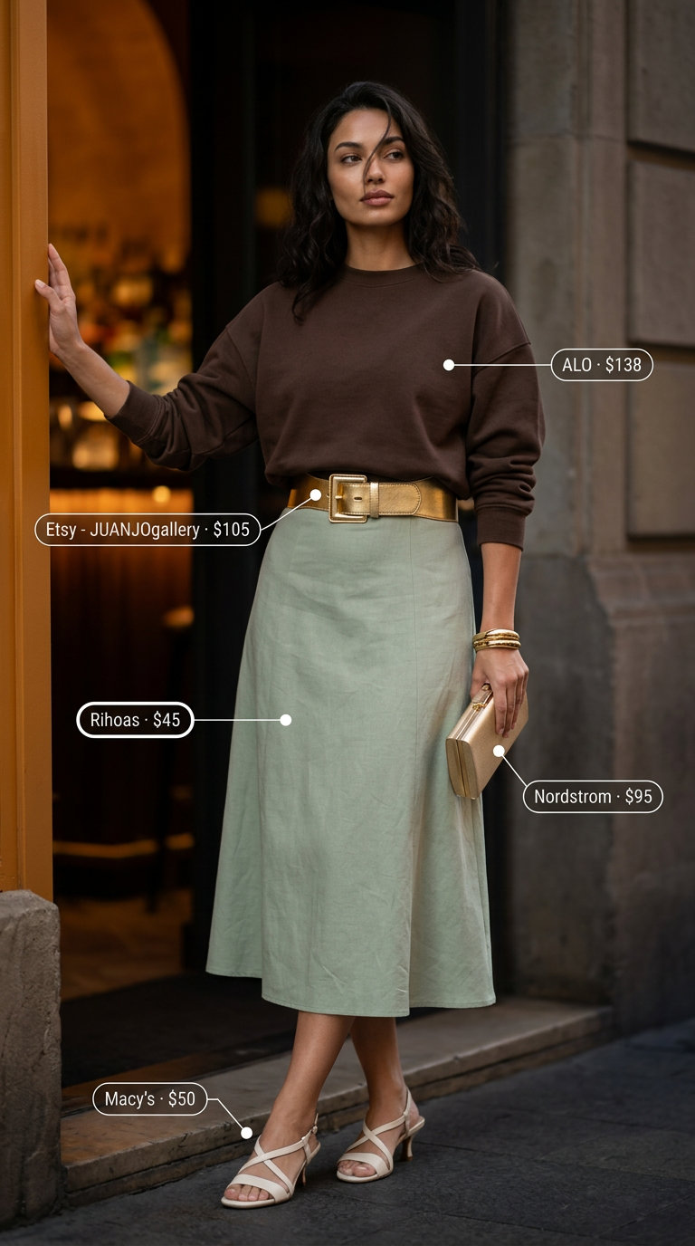 Sage green linen midi dress with gold belt for summer garden tea party outfits for women 2026.