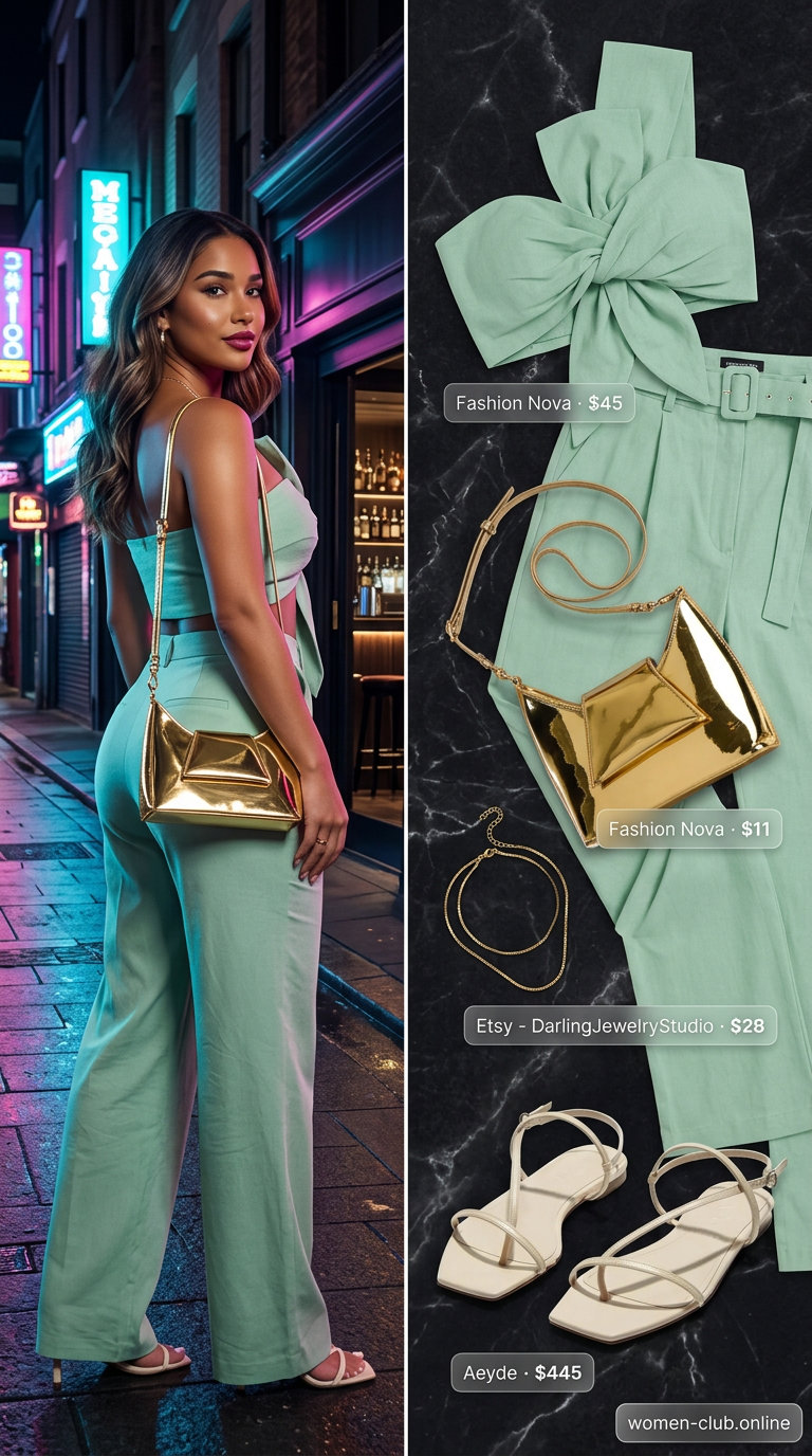 Sage green linen wide-leg pants and bandeau top for sophisticated summer garden tea party outfits for women 2026.