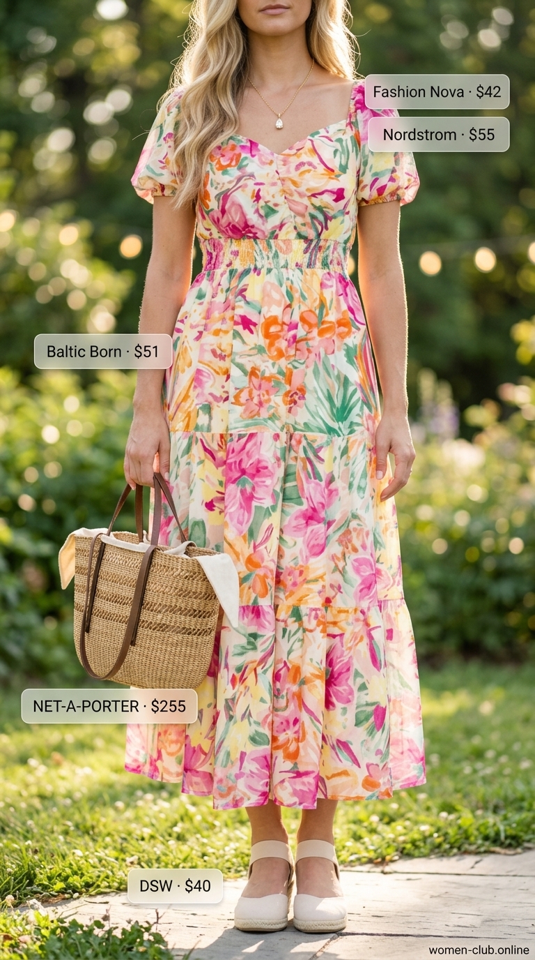 Pastel floral midi dress with puff sleeves for romantic summer garden tea party outfits for women 2026.