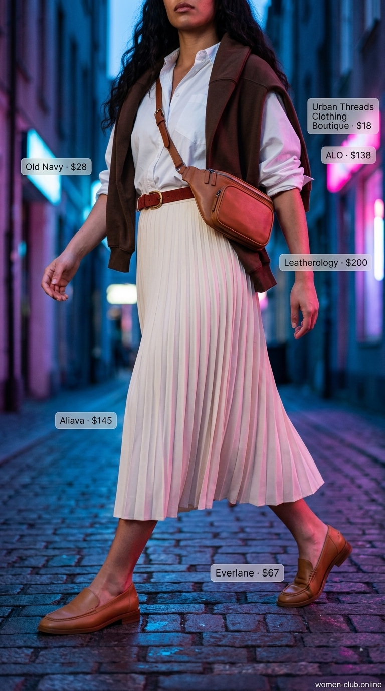 White oversized button-down shirt with beige midi skirt for classic summer garden tea party outfits for women 2026.