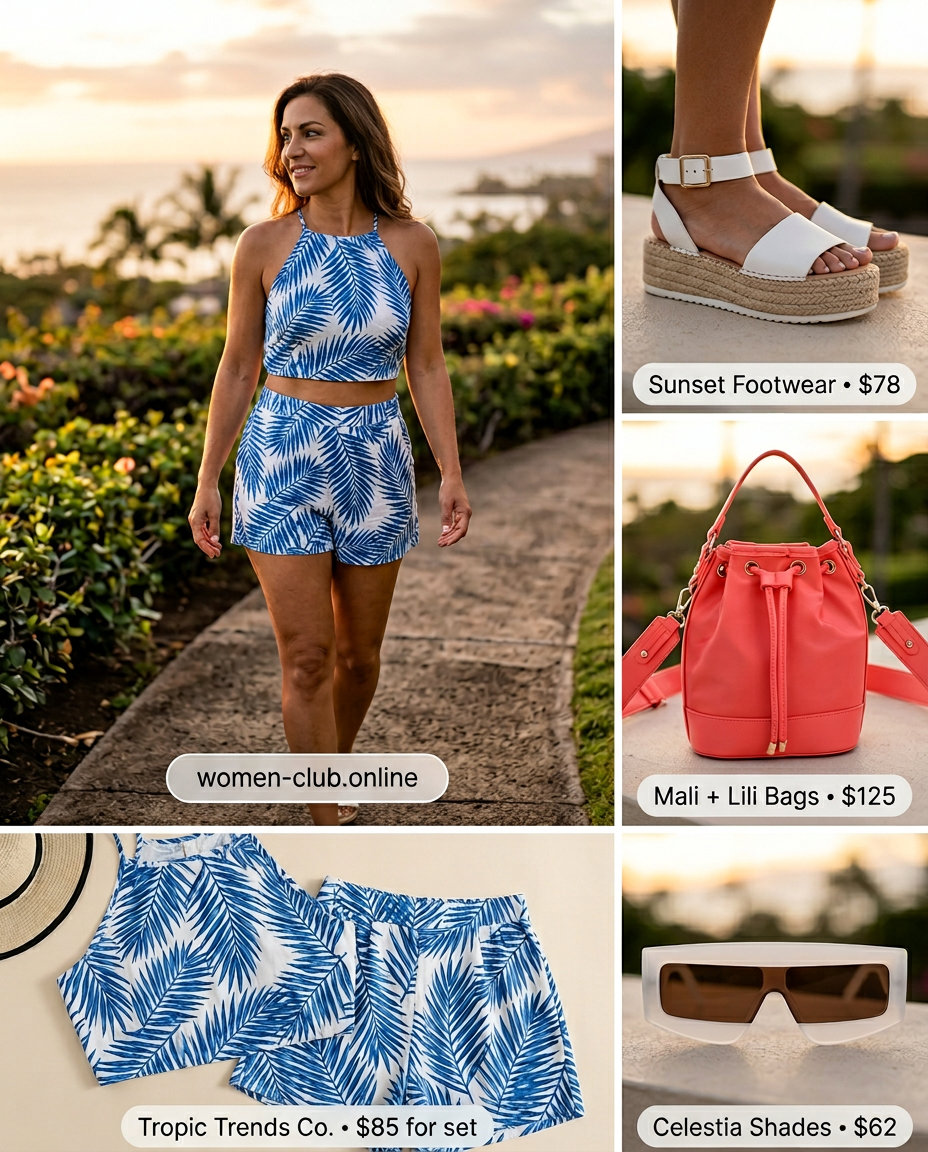 Bold navy and white geometric print two-piece set for summer island vacation outfits for women 2026. White sunglasses & bucket bag.