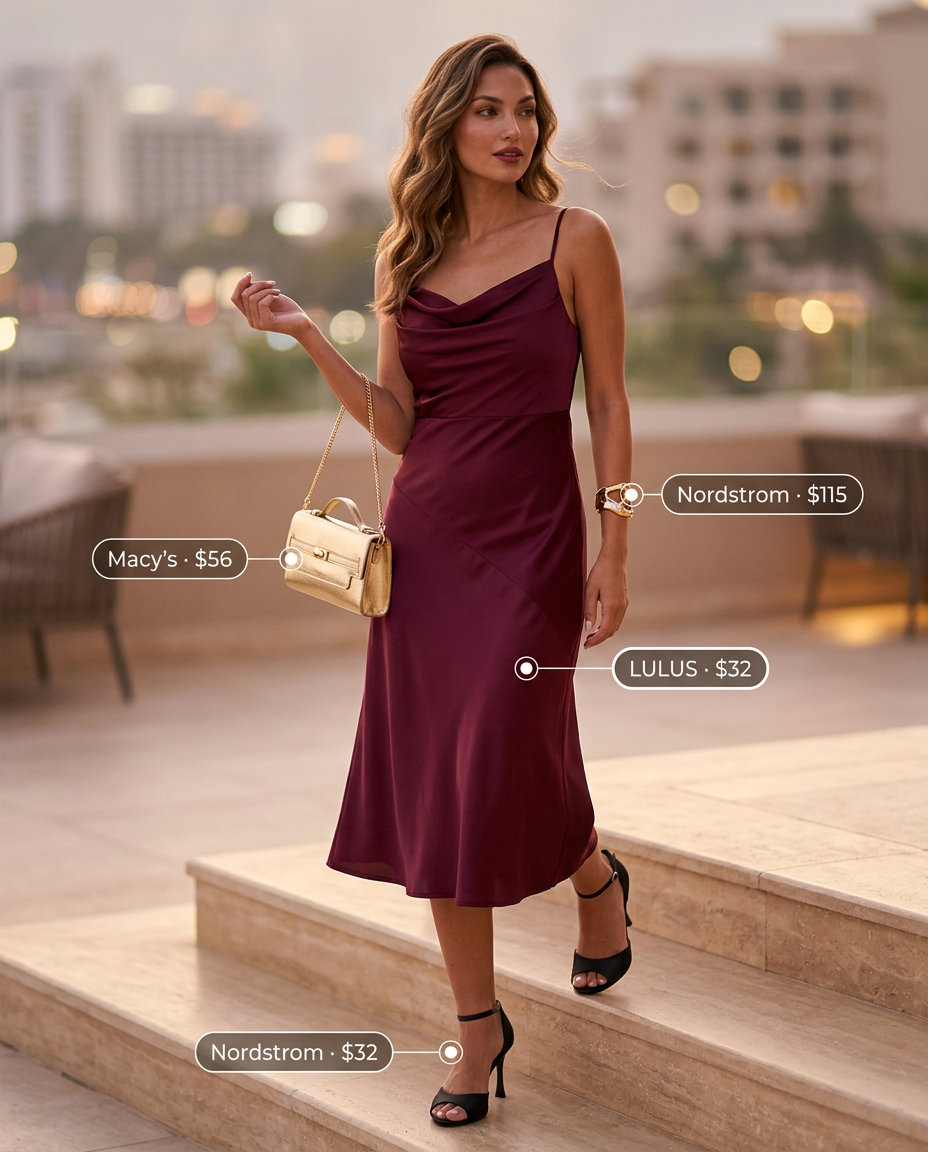 Burgundy satin slip dress with gold clutch and black heels for summer island vacation outfits for women 2026. Sunset cocktail look.
