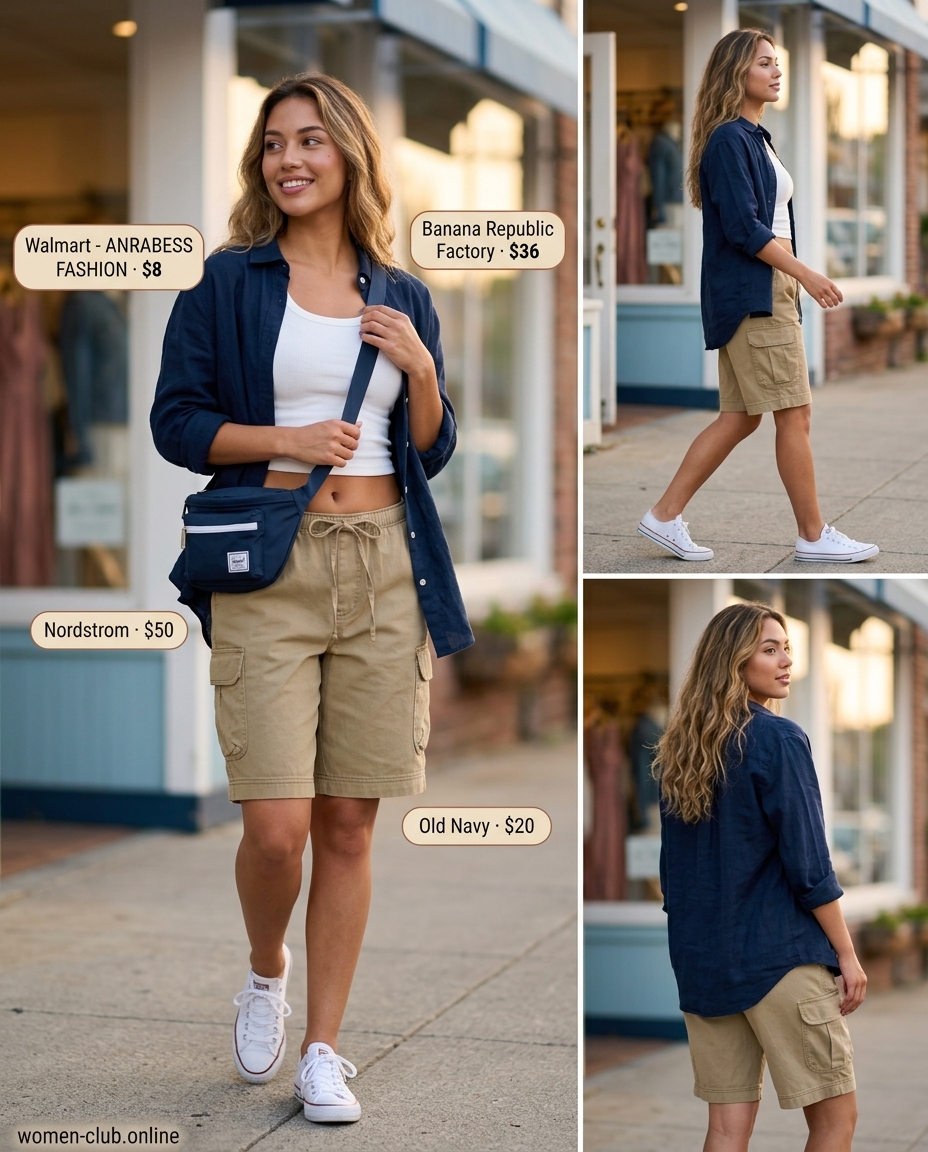 Khaki cargo shorts outfit for summer island vacation outfits for women 2026, casual sightseeing.