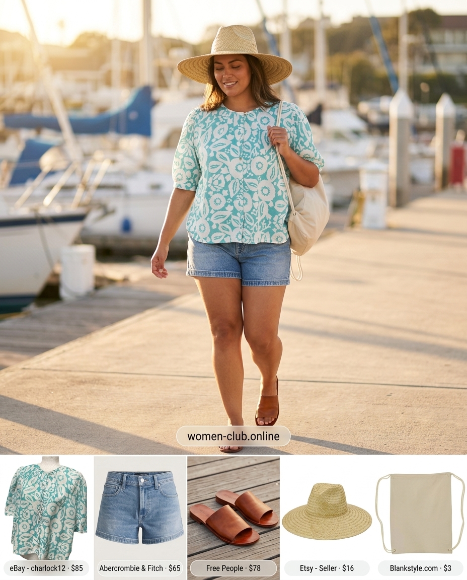 Casual denim shorts and teal abstract floral blouse for summer island vacation outfits for women 2026. Includes straw hat & canvas backpack.